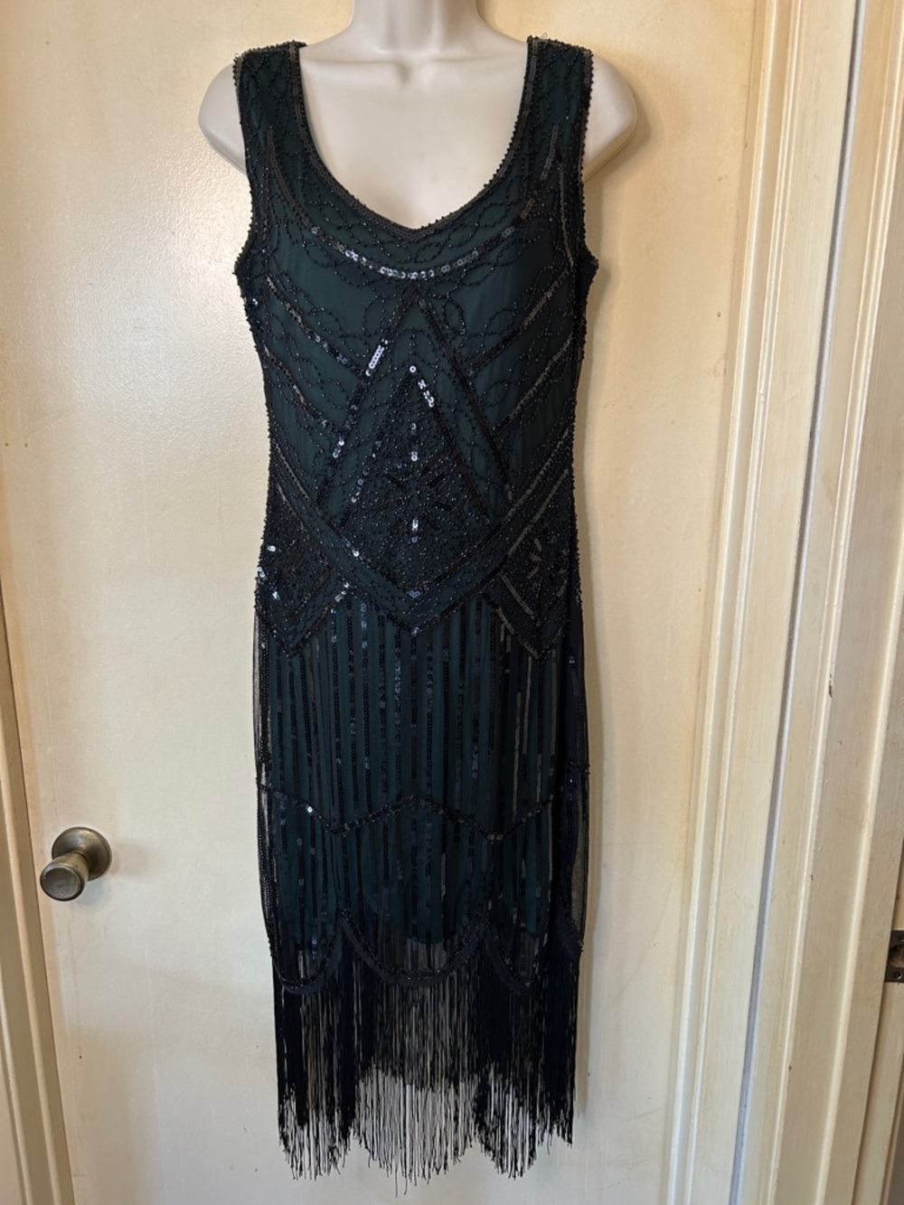 Vintage-Inspired Beaded Fringe Dress - Black and Hunter Green size S
